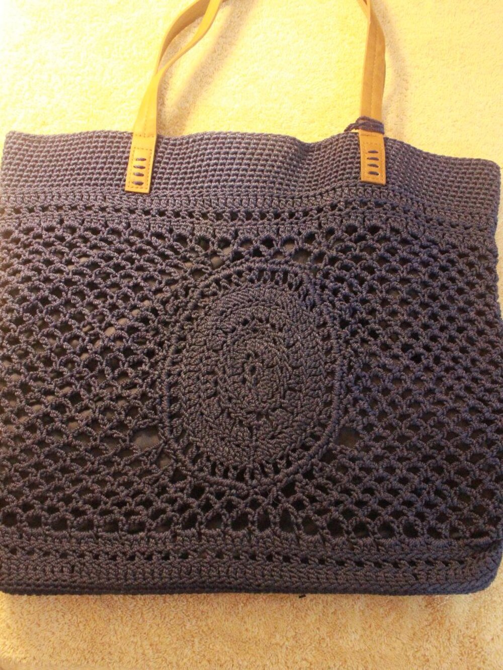 Navy Blue Crochet Medallion Tote with Tan Handles